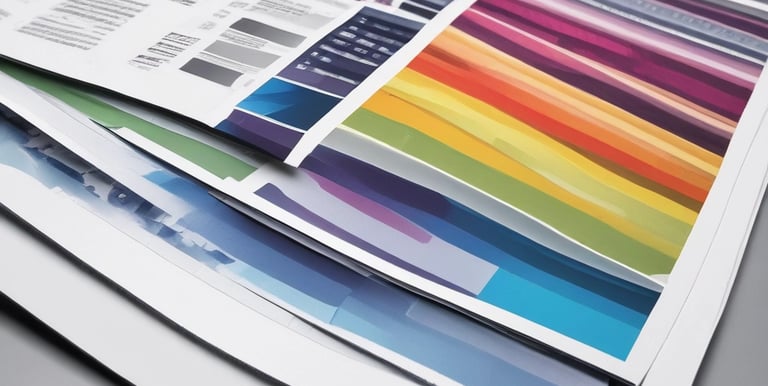 Stacks of freshly printed flyers and posters with glossy, professional finishes.