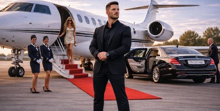Professional executive security guard standing by a private jet and luxury limousine on a red carpet.