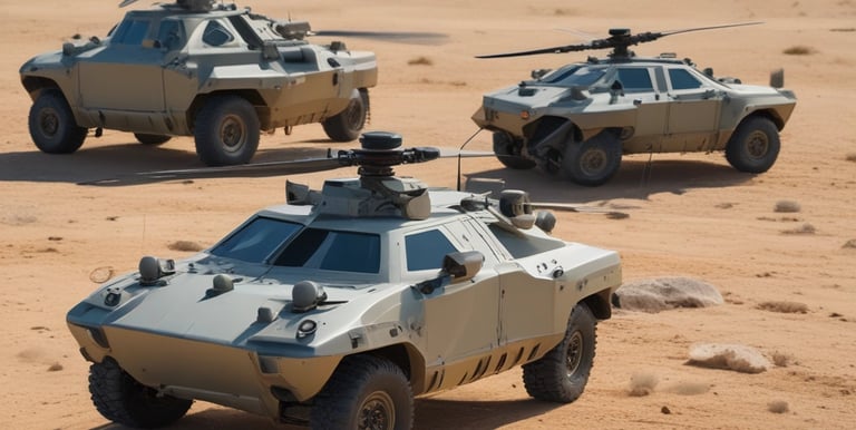 A rugged autonomous robot navigating a challenging terrain in a military setting.