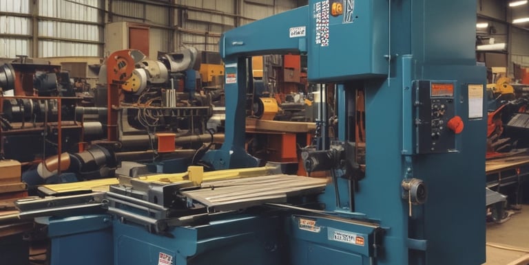 A close-up view of an industrial circular saw in motion, cutting through metal or a similar material, producing sparks that fly in various directions. The saw is predominantly orange and appears to be weathered. The surrounding area has a gritty, construction-like environment with scattered debris.