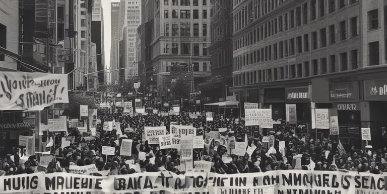 A large crowd gathers in an urban setting, with people holding signs and banners advocating for political causes. The backdrop includes modern and historical buildings under a clear blue sky. Trees are visible, adding a touch of nature to the city environment.