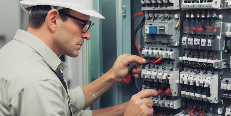 A close-up view of an industrial electrical panel with various switches and warning labels. The panel features caution and danger signs in multiple languages, and its metallic surface is complemented by the soft lighting of the room.