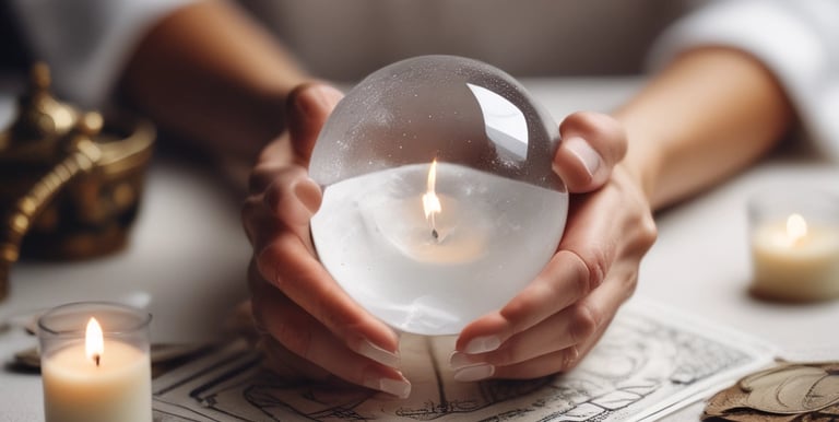 A small wooden structure with a shingled roof displays a large banner advertising psychic readings with elements like a hand, moons, and stars. To the left, a sign denotes reserved parking for a 'mystical journey' alongside a potted plant with orange flowers and a red bow on the wall.