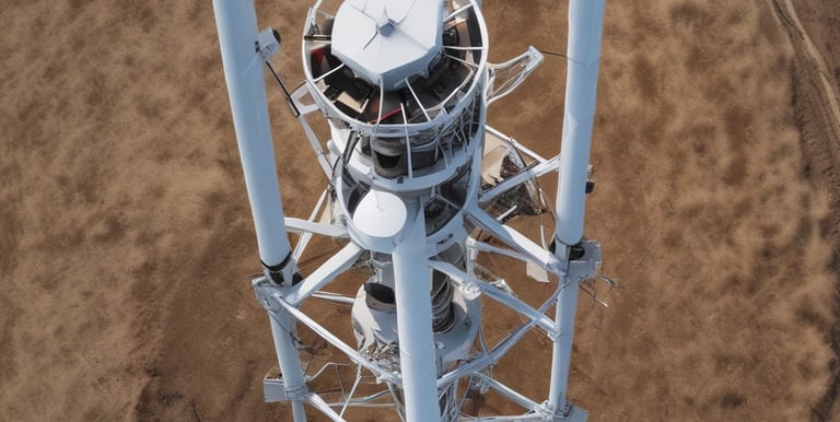 Drone flying over industrial infrastructure during inspection at sunset.