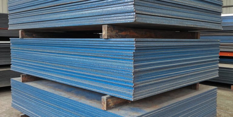 Stacked heavy-duty blue industrial steel plates and metal sheets in a warehouse storage facility.