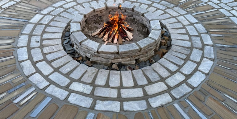 circular fire pit, cozy fire, natural stone