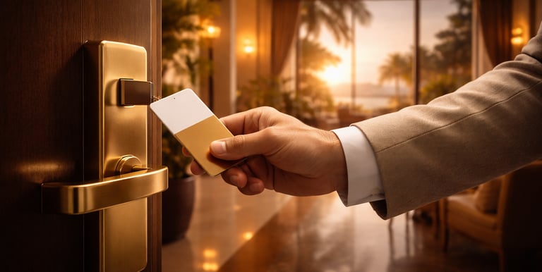 Main utilisant une carte-clé sur une serrure en laiton dans un hôtel de luxe, ambiance chaleureuse et vue tropicale