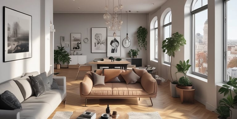 A cityscape with a real estate sign in the foreground, prominently displaying the name and phone number. Surrounding the sign are various buildings with different architectural styles, some with scaffolding and green netting. The scene features a mix of older, worn structures alongside modern glass-fronted buildings. Power lines and construction materials add to the urban complexity.