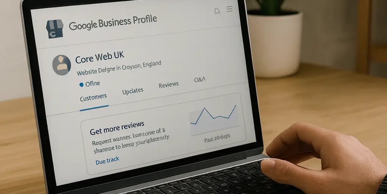 ✅ ALT Text  Person managing a Google Business Profile on a laptop.