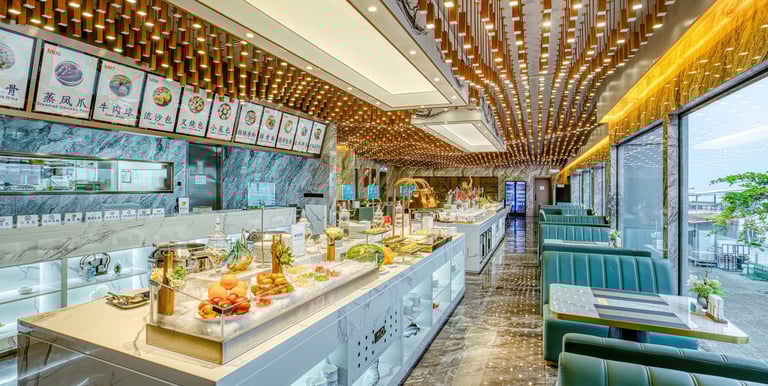 a restaurant with a long counter and a long counter