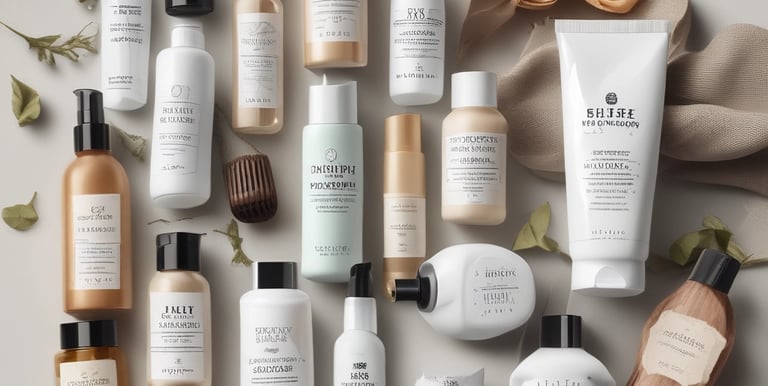 Shelves display a variety of personal care products in bottles and tubes, organized neatly in a store. A visible heart-shaped floor sign with a message encourages social distancing.