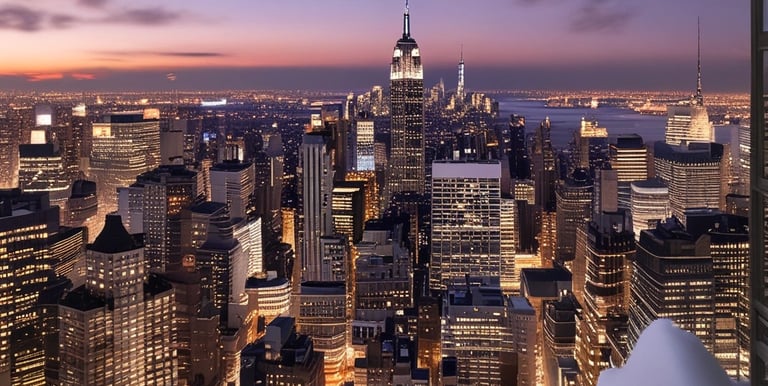 A vibrant city skyline at sunset, showcasing tall buildings and colorful lights.