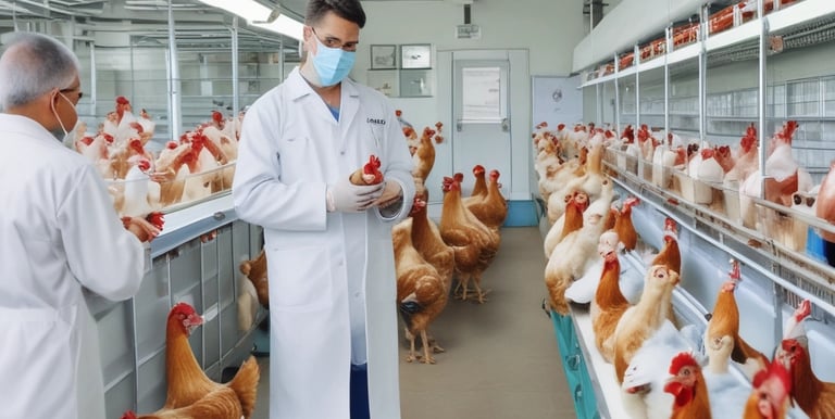 Chickens are housed in a row of wooden cages, with some of them poking their heads out towards the camera. The setting appears to be a chicken farm or coop with a focus on egg production. A feeding trough filled with grain stretches along the length of the cages, and eggs can be seen below, placed on a track.