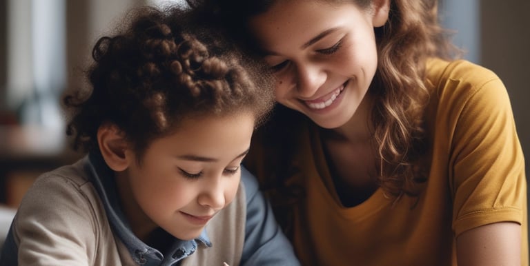 Warm daytime scene of a babysitter helping a child with homework at a bright kitchen table.