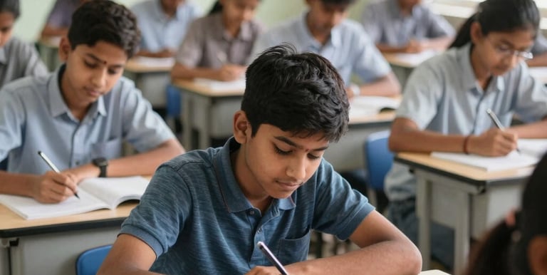 A dedicated teacher engaging with a group of attentive students in a bright classroom.