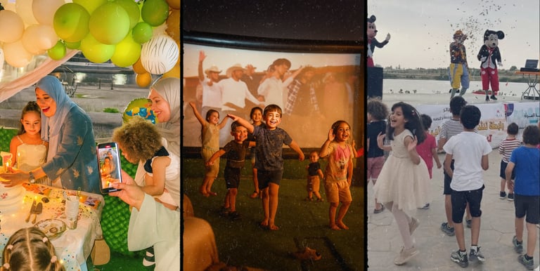 ثلاث صور واحدة فرحة الاحتفال بعيد ميلاد بنت صغير والثانية لأطفال مع مهرجين والثالثة يلعبون أمام شاشة
