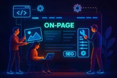 Grupo de informáticos trabajando en un proyecto web On-page, estilo neón con fondos azules.