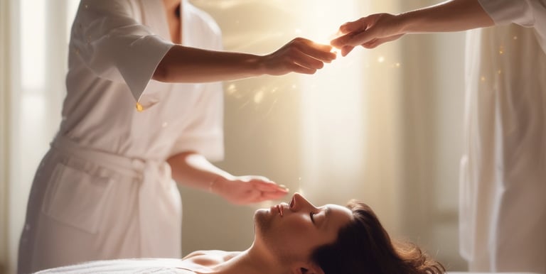 A dimly lit room with a person sitting by a window, partially illuminated by soft, warm light. The room has a massage table, some equipment, and artwork on the wall. Shadows cast interesting patterns, adding depth to the serene space.