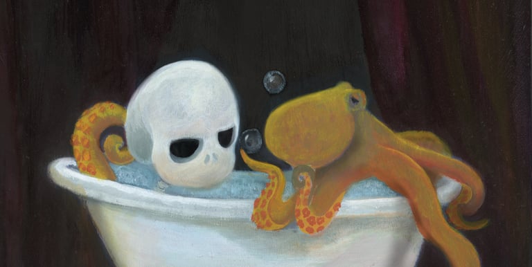 a painting of a skull head in a bathtub