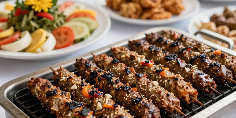 Elegant plated shish tawook with garlic toom sauce, garnished with fresh herbs and warm lighting.