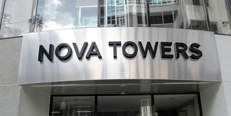 Brushed aluminium building signboard on glass tower – SignageBoard.ae