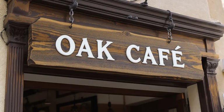 Rustic wooden café signboard with engraved logo – SignageBoard.ae