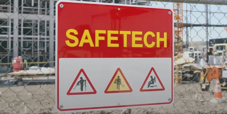 A red and white Safetech construction safety signage on a chain-link fence at a building site.