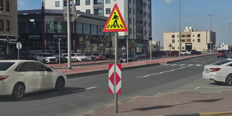 Yellow pedestrian crossing road sign on a city street with cars and urban buildings.
