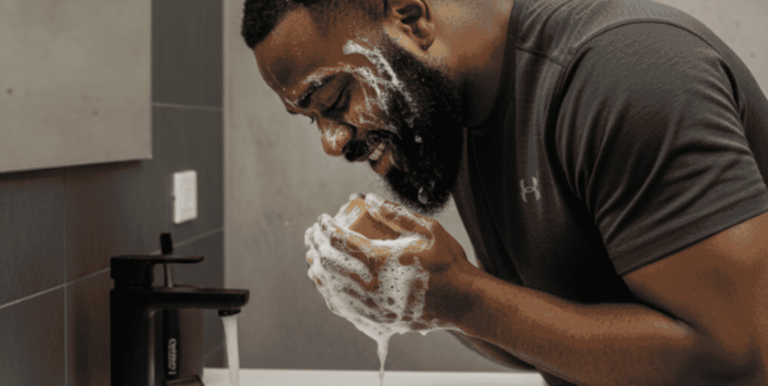black washing his face with soap