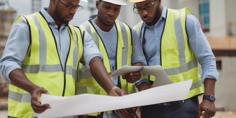 A team of experts discussing plans over a construction blueprint.