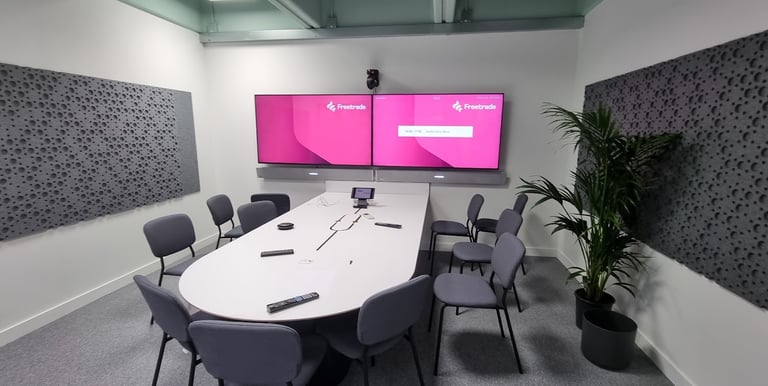 MountMyTV - dual 50" monitors, dual LG soundbas & conference camera mounted on a wall in a boardroom