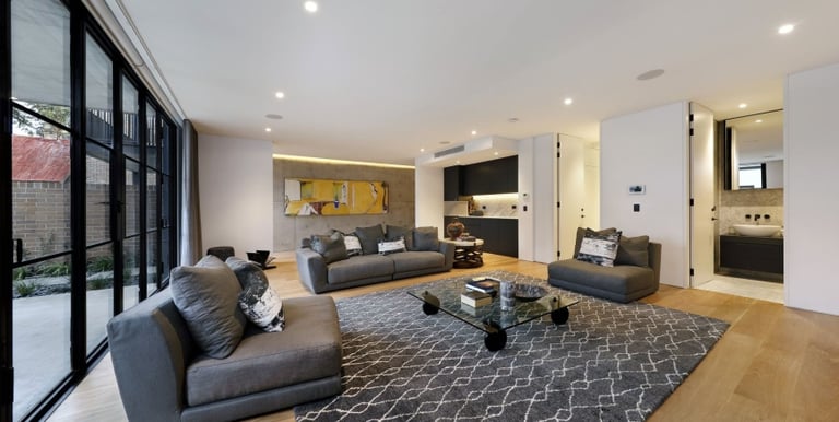 a living room with a couch and a rug