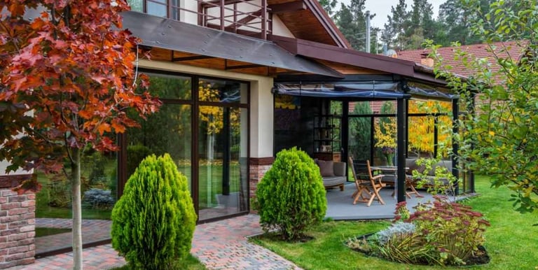 a house with a patio area