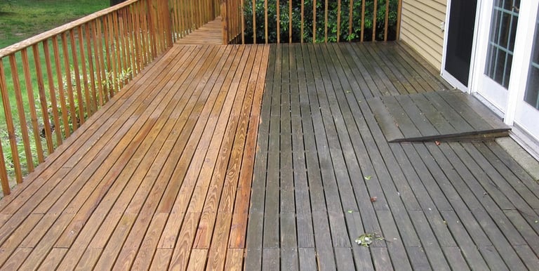 Wood deck before and after soft washing, removing mold and grime