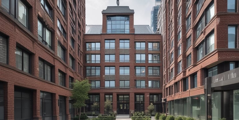 A multi-story apartment building with a distinctive red and white checkered facade. The structure is positioned on the left side of the image, leaving a large expanse of overcast sky to the right. The building features balconies, windows, and a sign indicating something is for rent or sale.