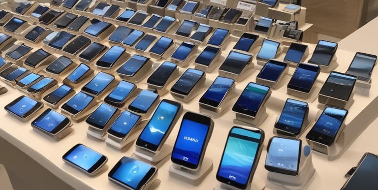 An electronics store displays multiple large screens showing images, with glass display cases containing various electronic items. The lighting is dim, casting a greenish hue over the interior. A person is visible in silhouette, seemingly engaging with a device.