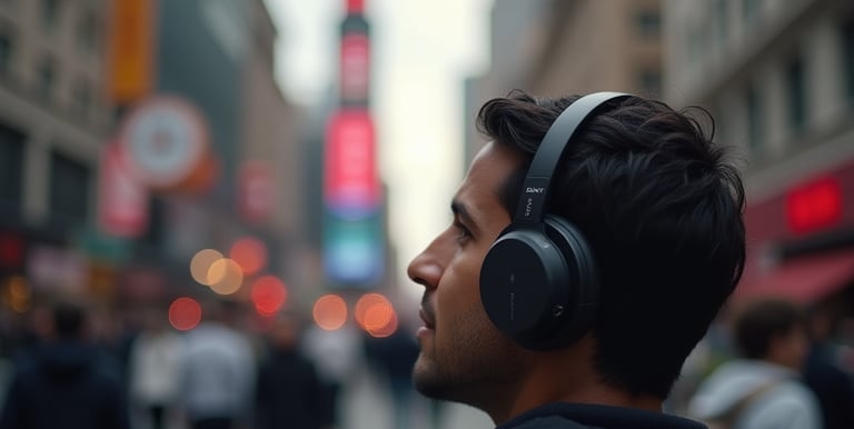 male on street using headphones