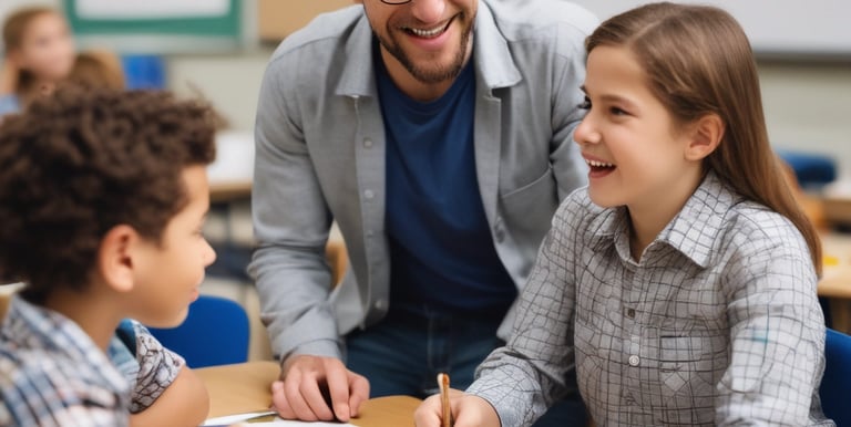 A therapist working with a child on speech therapy exercises in a bright, welcoming room.