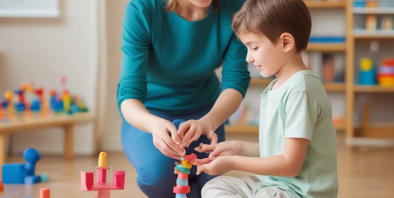 A child engaged in occupational therapy activities with supportive equipment and a caring therapist.