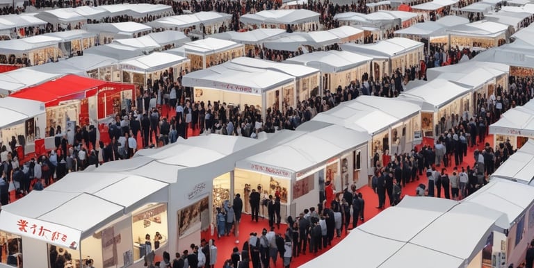 Exhibition booth at an international trade fair showcasing products and networking.