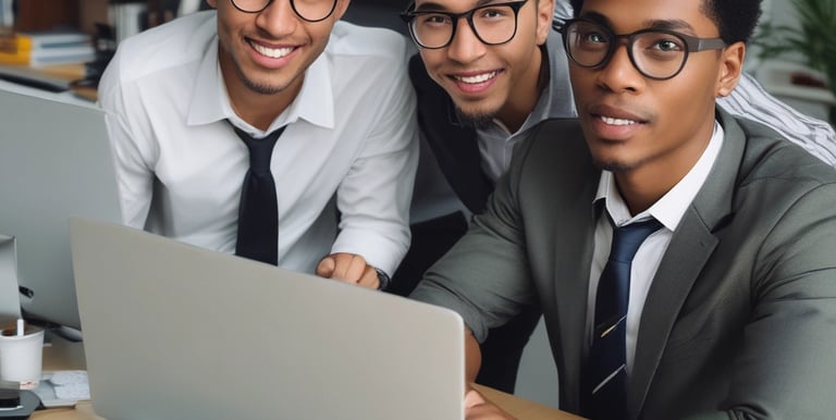 A group of professionals collaborating over documents and laptops in a stylish office environment.