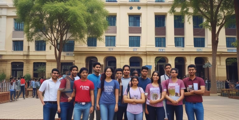 Entrance of a medical college and hospital with a large archway displaying the name Tagore Medical College & Hospital. People are walking towards the entrance, with some sitting on a bench and others interacting. Signage and informational posters are visible on the walls, and wheelchairs are parked nearby. There is a ramp and steps leading up to the entrance.