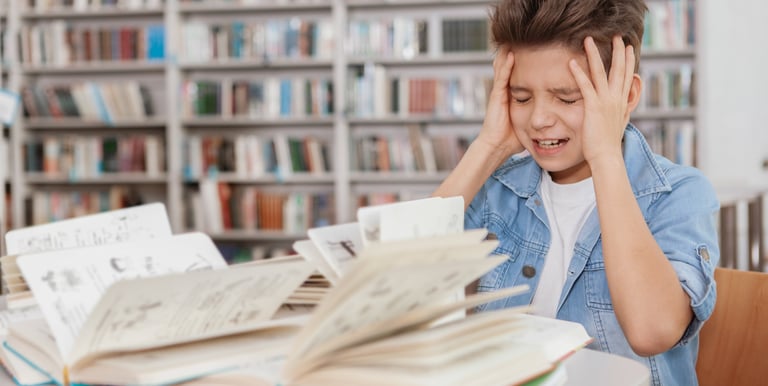 a boy is sitting at a table with a book and a book