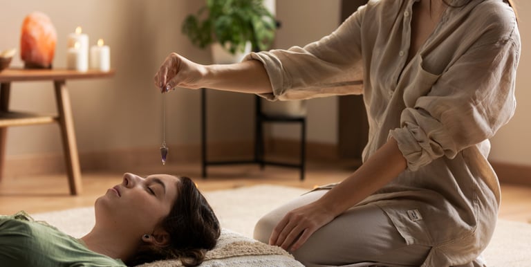 a woman is sitting on a pillow and a woman is holding a knife