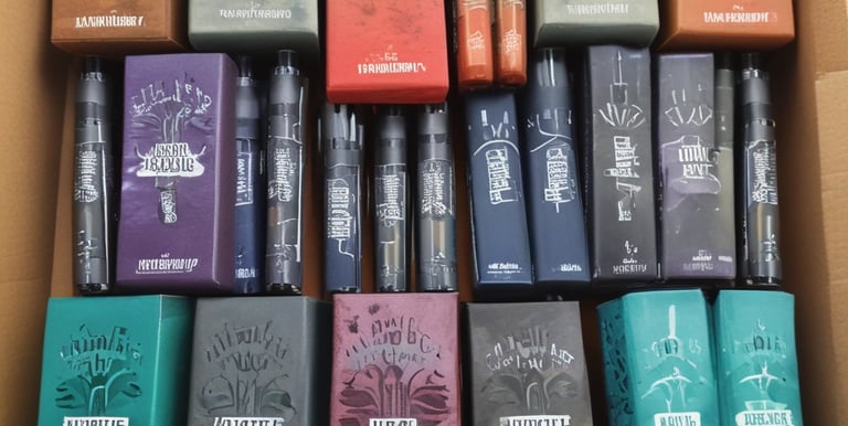 Boxes of disposable CBD vape products are stacked on a wooden surface. The packaging includes branding, flavor descriptions, and product details like '250 NANO CBD' and 'Disposable Vape'. A black vape pen is lying next to the boxes.