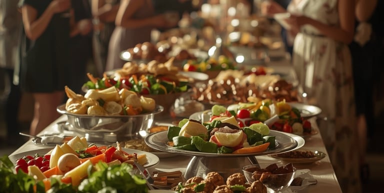 Buffet élégant avec invités dans une ambiance lumineuse.