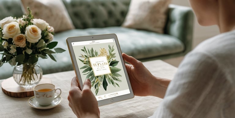 a woman holding a tablet device with a tablet on a table