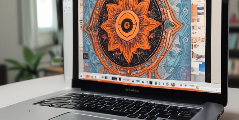 A laptop with an open screen displaying dashboard analytics featuring charts, graphs, and numerical data related to sales and subscriptions. The interface is predominantly dark-themed with sections highlighting key performance metrics. The device shown is a MacBook Pro, indicated by the keyboard layout and branding.