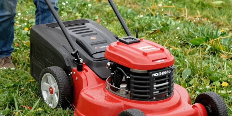 A friendly local lawn mower trimming a lush green lawn on a sunny day.