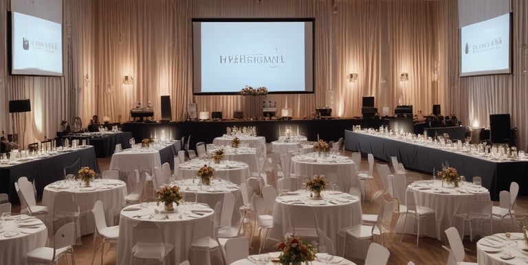 A beautifully decorated banquet hall with elegant lighting and floral arrangements.